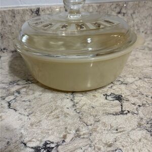 Fire King White Milk Glass Covered Dish with Gold Embossed Marking Lid Vintage